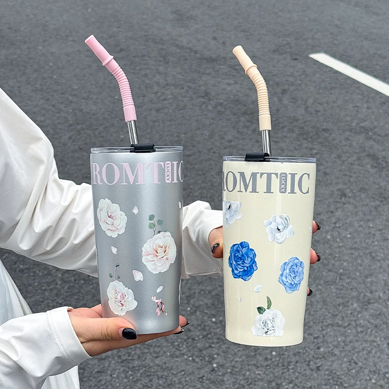 1pc Good-looking Stainless Steel Insulated Cup, 520ml Floral Pattern Straw Tumbler, Portable Car Water Mug
