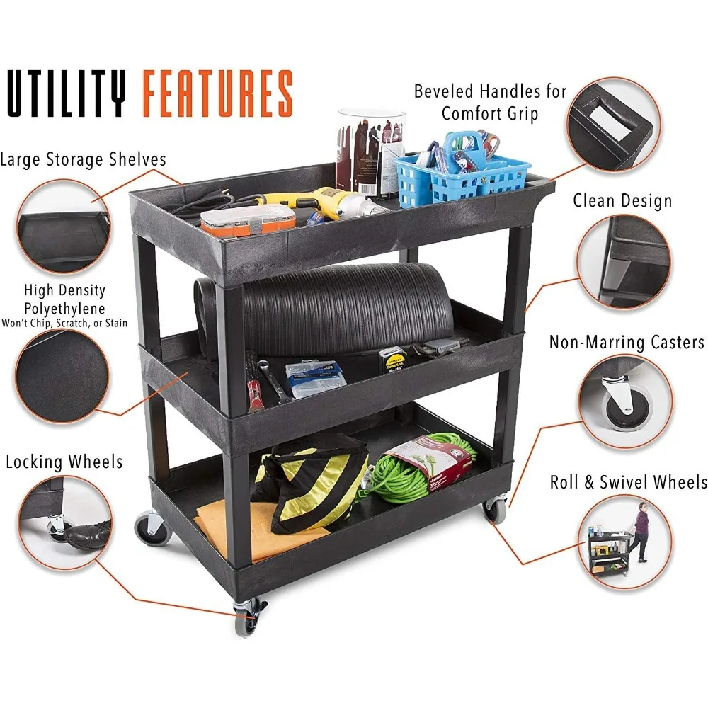 3 Shelf Utility Push Cart Supports Up to 300 lbs - Heavy-Duty Plastic Service Cart Great for Offices, Warehouse Storage