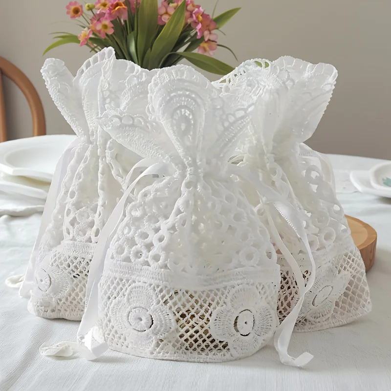 3 Stück weiße Geschenktüten aus Spitze mit Kordelzug, wiederverwendbare Schmuckbeutel, handgefertigte Verpackungsbeutel für Artikel, besondere Geschenktüten für Hochzeiten und Partys