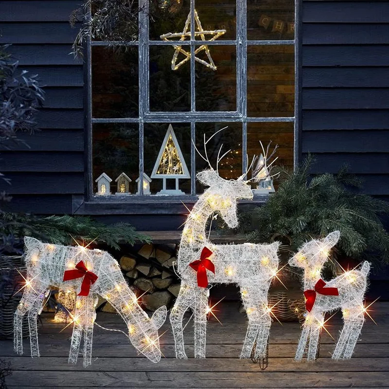 3 Piece Lighted Christmas 2D Reindeers Outdoor Decorations Metal Pre-Lit Light Up Xmas Rudolph & Santa Sleigh With Lights