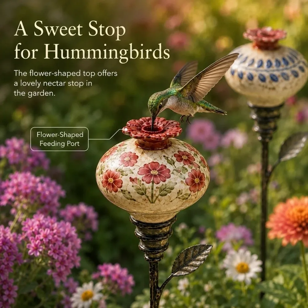 Vintage Hummingbird Feeder Garden Stake Hand Painted Iron Art Bird Water Drinker Anti-leakage Stand‑Up Pollinator Water Station