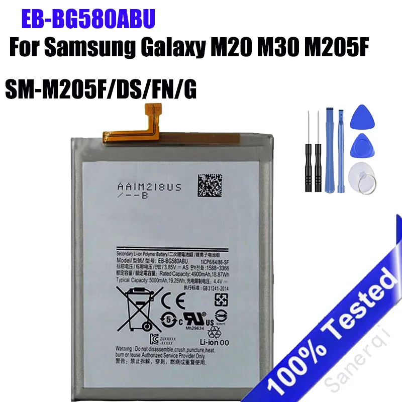 

Mobile Phone Battery For Samsung Galaxy M20 M30 M205F SM-M205F/DS/FN/G Batteries EB-BG580ABU 5000mAh Full Capacity +Free Tools