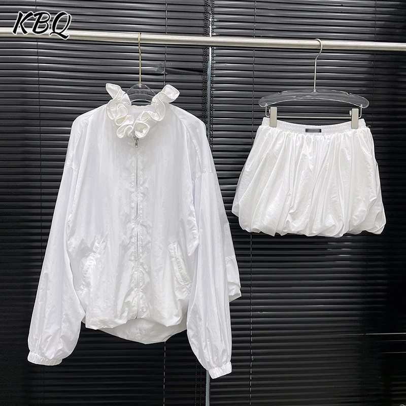 

KBQ Solid Minimlalist Two Piece Sets for Women Irregular Collar Long Sleeve Loose Shirt High Waist Mini Skirt Casual Set Female
