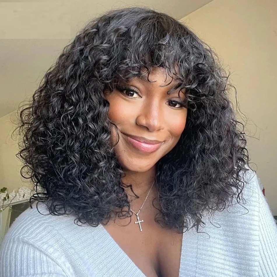 Short Curly Bob Wigs With Bangs Human Hair Wear And Go Glueless Water Wave Human Hair Wigs For Women Full Machine Wigs 180%