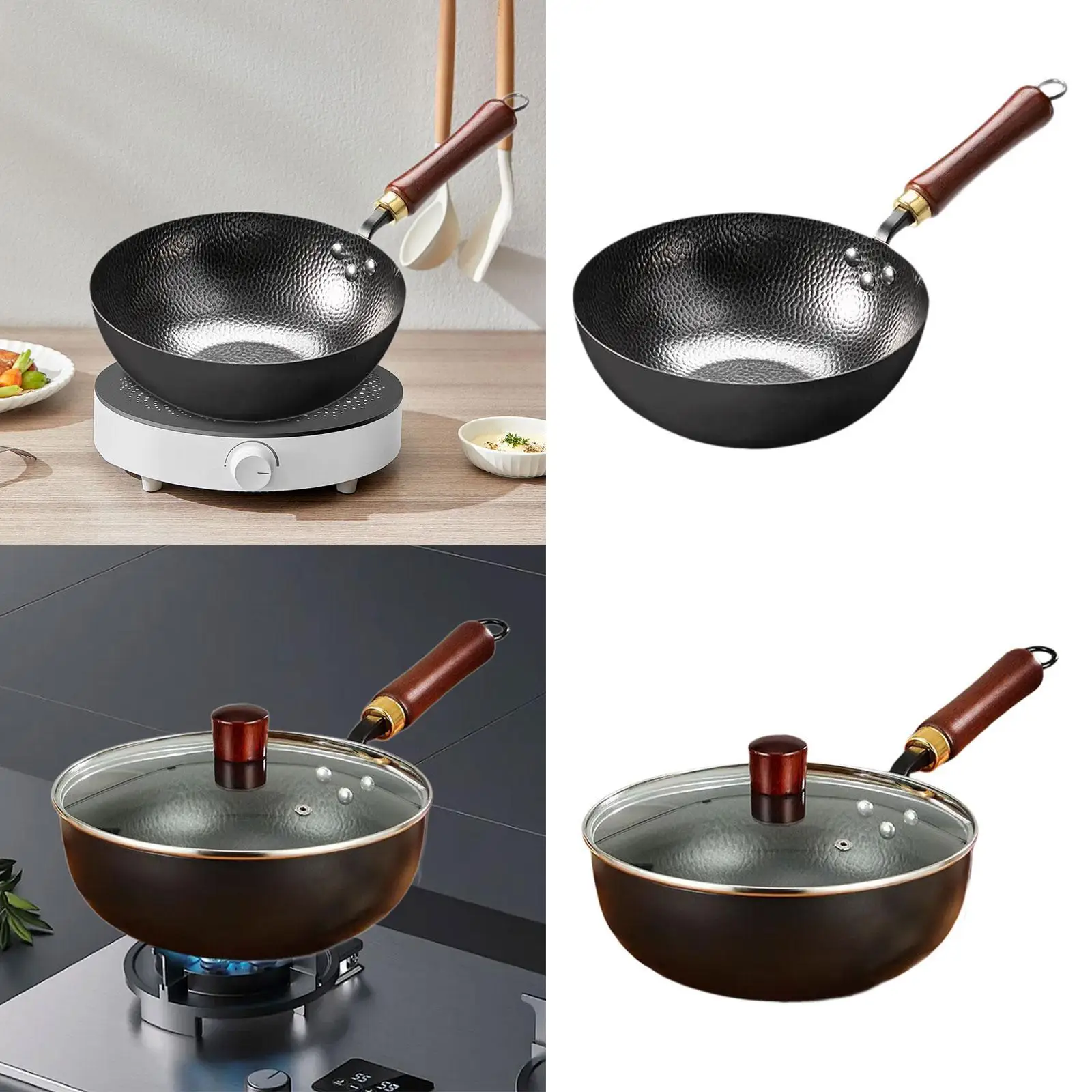 

10-дюймовый железный вок с плоским дном без покрытия с подвесным крючком, китайская сковорода для