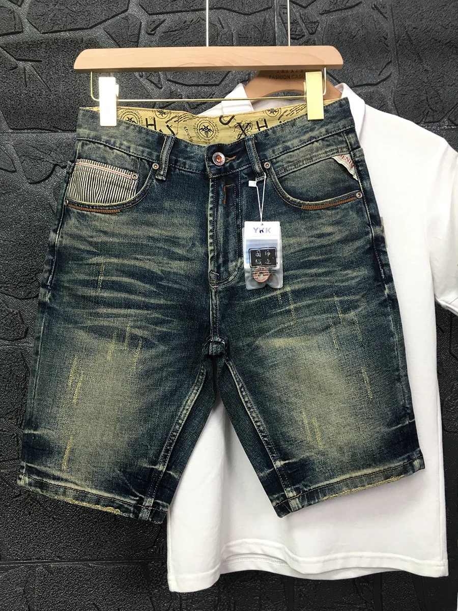 

Мужские джинсовые шорты из плотного денима с эффектом потертости, тонкие, в американском ретро-стиле, универсальные, средней длины, прямого кроя, молодежные, повседневные, из хлопка.