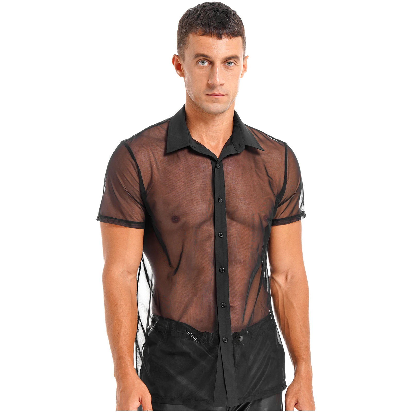 Mens Shirt Tops See Through Mesh Short Sleeve Shirt Rave Clothing Turn-Down Collar Button Sheer Tops Festival Party Clubwear