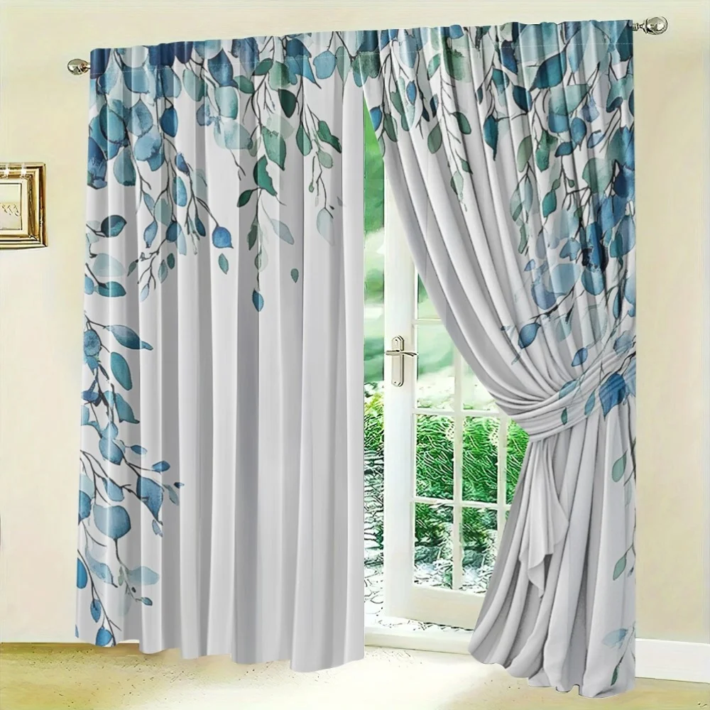 Watercolor Blue Leaves Branches Window Curtain Bedroom Living Room Decorative Blackout Thermal Insulated Fabric Home Textile