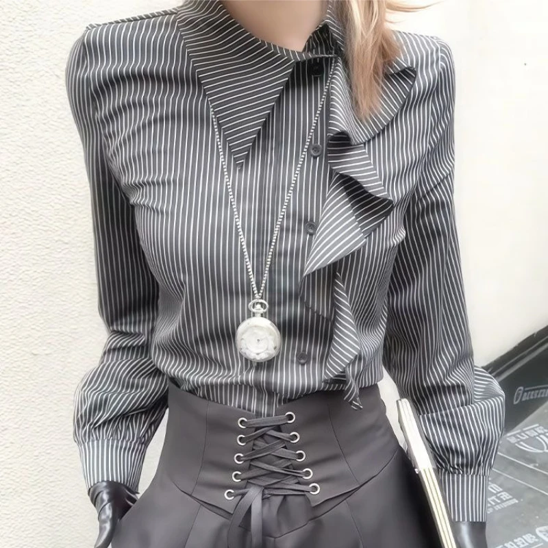 

Deeptown Retro Elegant Striped Women Shirt Ruffles Gothic Long Sleeve Japanese Style Slim High Waist Lace Up Pants Two Piece Set