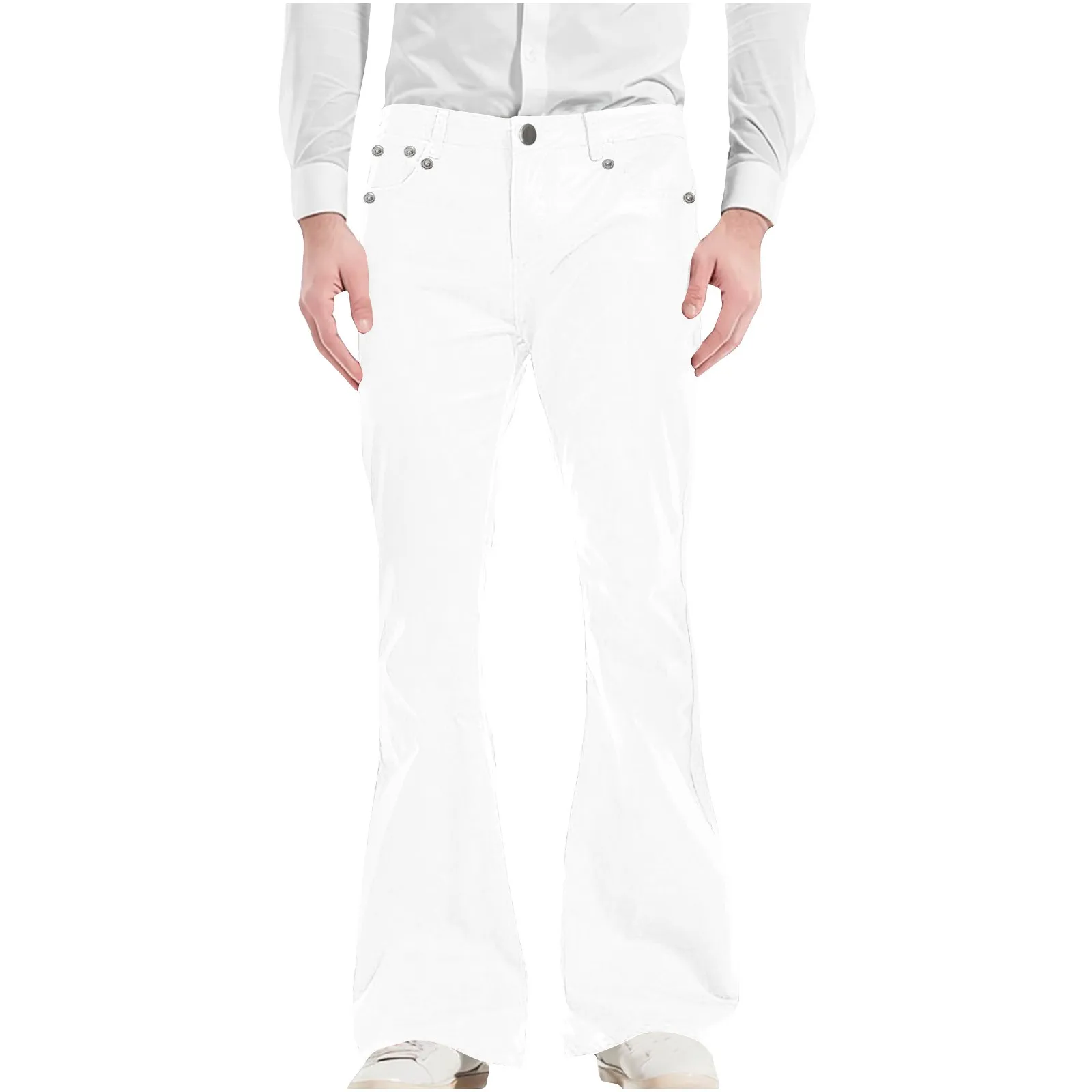 Calça casual Bell Bottoms masculina, faixa de bolso de cor sólida, moda