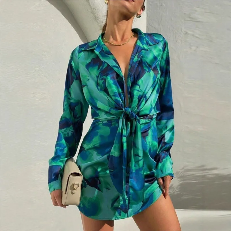 

Autumn New Sexy V-Neck Long Sleeve Shirt Satin Dress High Waist Elegant Printed Lace Up Short Dress Formal Occasion Dresses