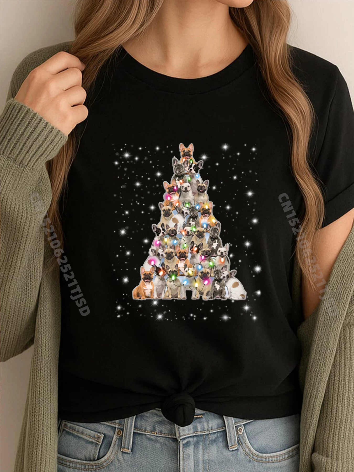 

French Bulldog Christmas Tree Funny Dogs Xmas Decorations XS Graphic T Shirts Luxury Clothes Woman Mens Tshirts Normal