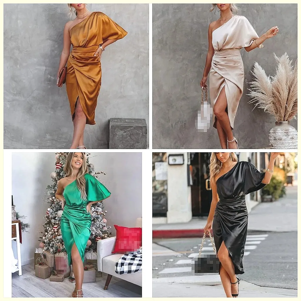 

Elegant Off-Shoulder Rose Dress for Women, Sexy Slant Neck Party Evening Gown for Spring Summer