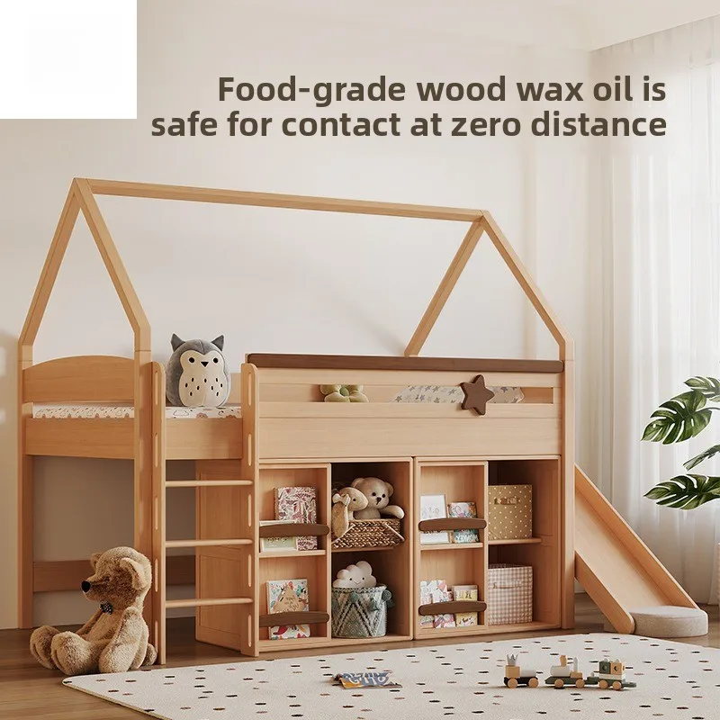 Flying Castle Slide, Solid Wood Beech Half Tall Bed Boy Girl Tree House Bed