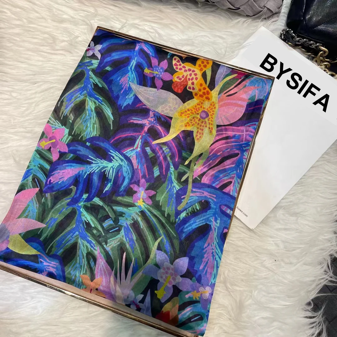 Brand Blue Ladies Long Silk Scarf Shawl 2022 Summer Fashion Beach Shawl Cover Ups Women Pure Silk Scarves Wraps Yellow Orange