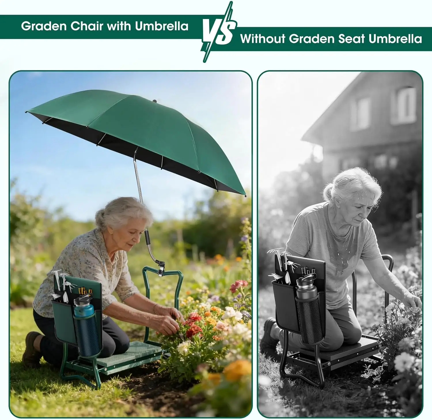2-in-1 Garden Kneeler with Umbrella, 330lb Capacity, Tool Bag & Bottle Holder, Gardening Gift - view 4