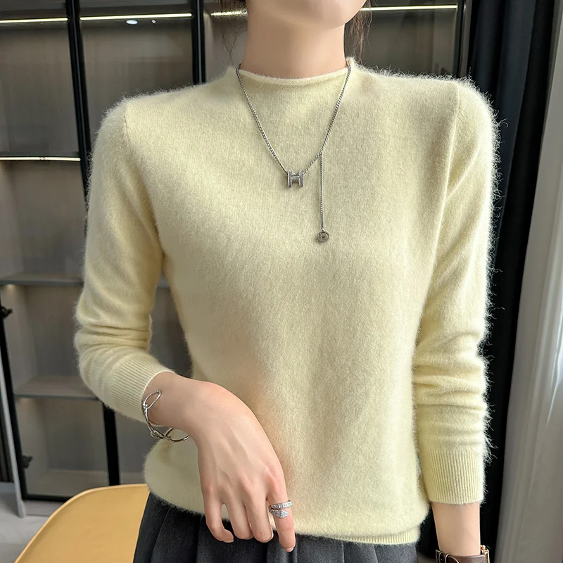 Women\'s pullover autumn/winter 100% cashmere sweater casual solid knit sweater half turtleneck fit Tops all-match basic Blouse