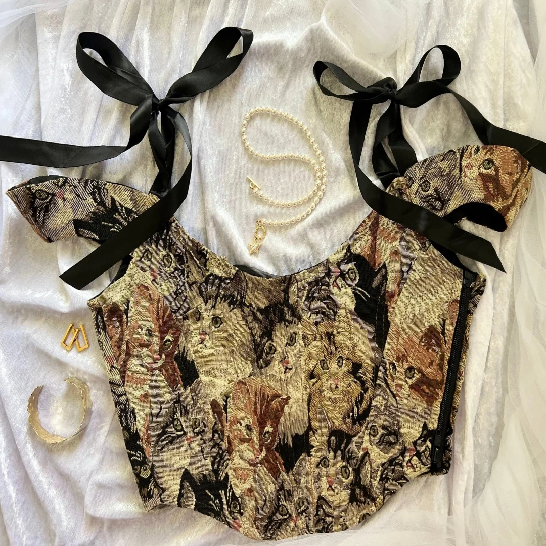 

Brown cat print corset vest for women off-shoulder corset top steampunk style corset body shaper