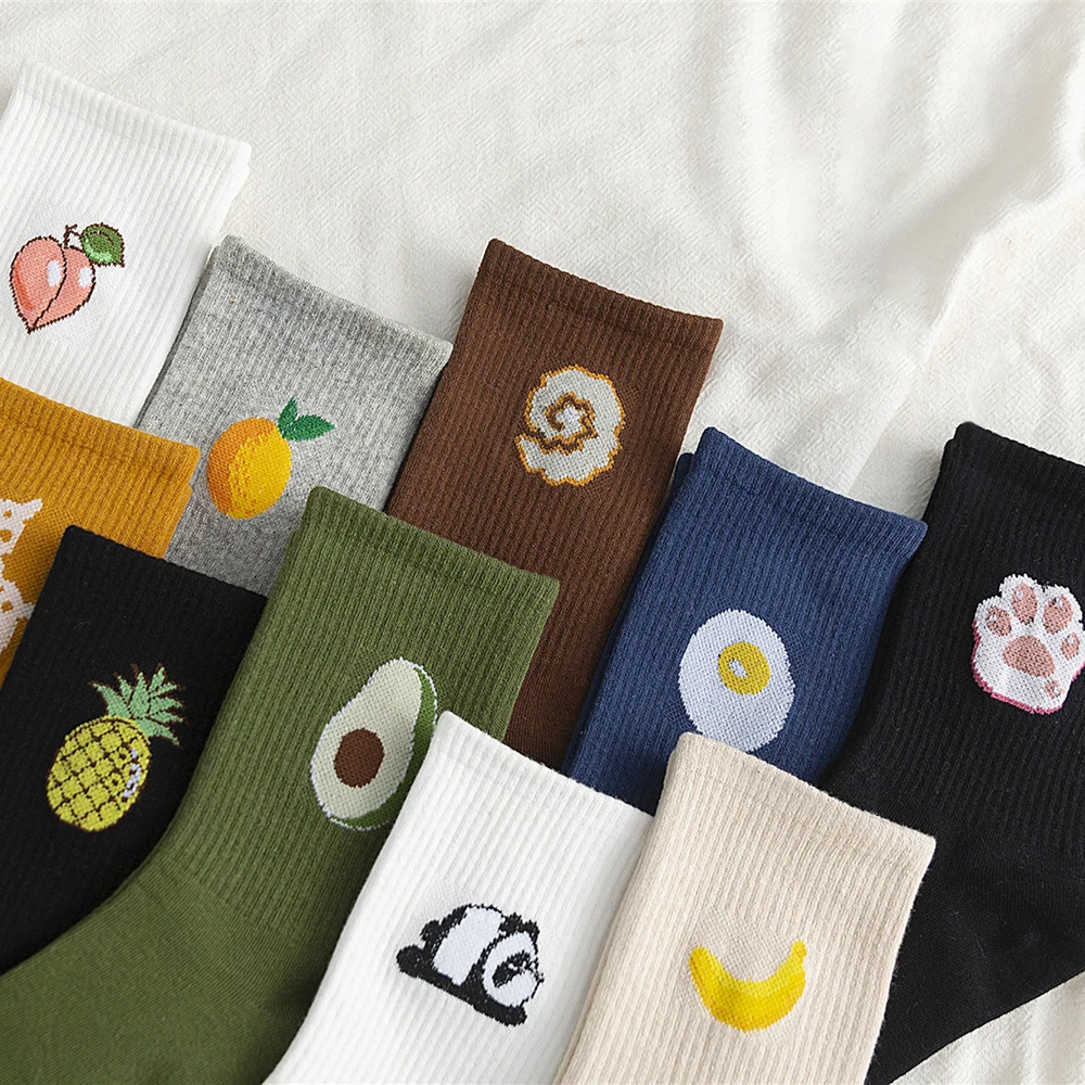 Women Fashion Socks Personalized Fruit Animal Print Middle Tube Cotton Socks Street Sport Trendy Avocado Panda Lemon Peach Socks