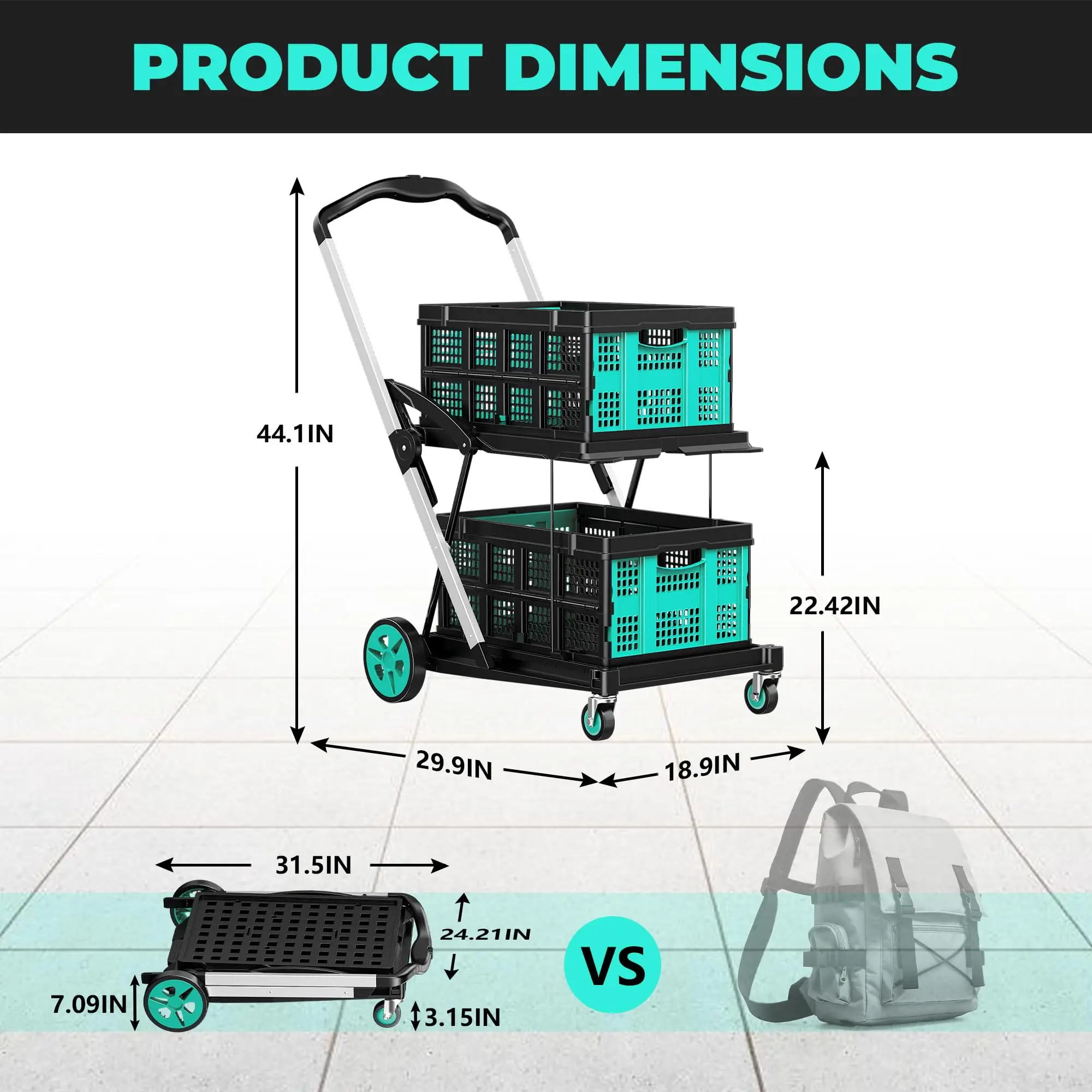 8-in-1 Max 200LBS Collapsible Shopping Cart on Wheels with 2 Storage Crates, Portable Foldable Shopping Cart with Foot
