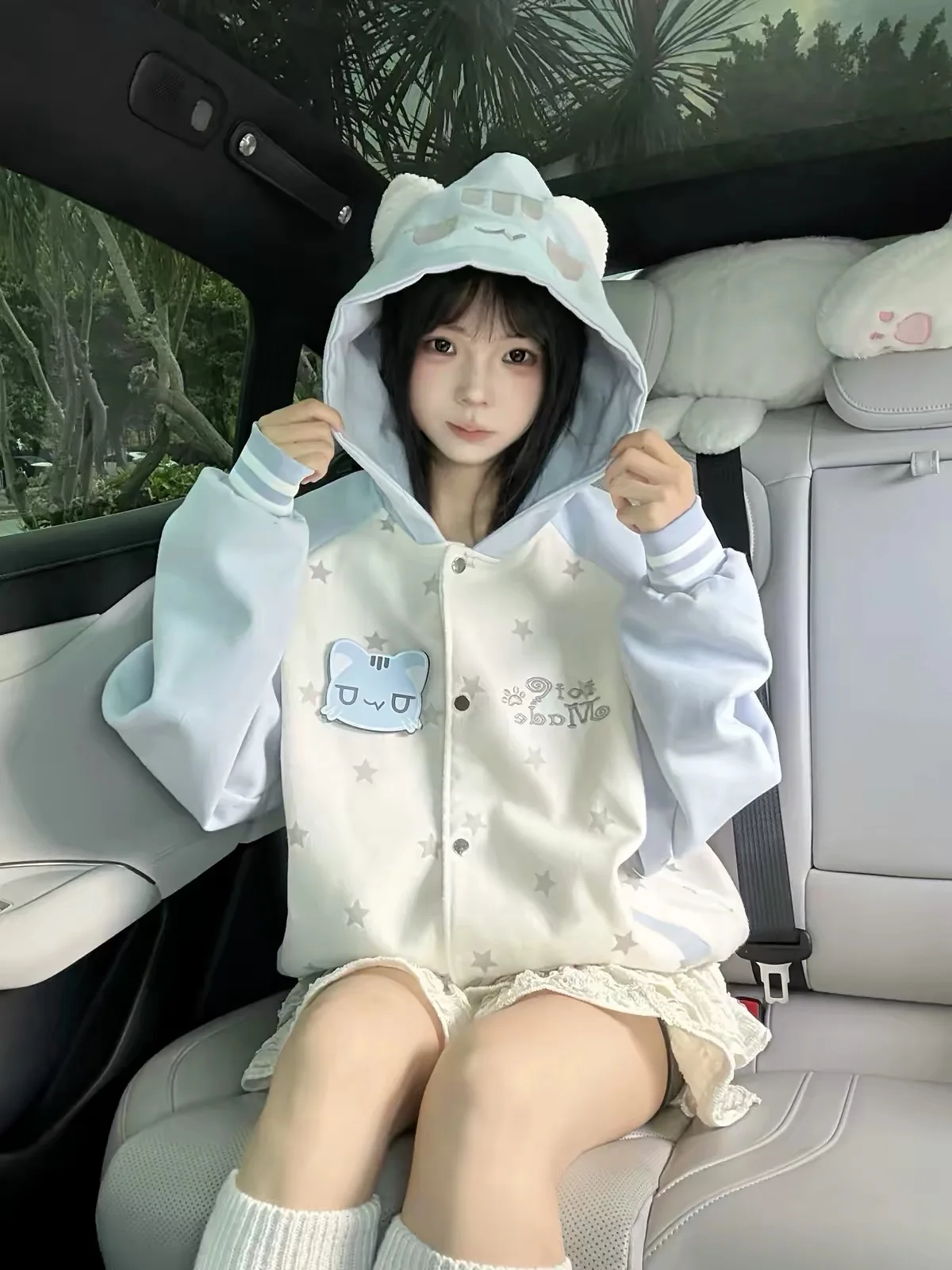 Cute Girl Hooded  Ear Sweatshirt Baseball Jacket Women's Autumn Winter Loose Fit Warmthful Fashion Single Piece Coat