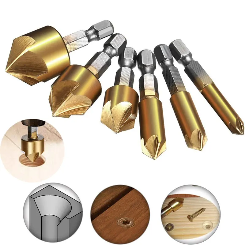 3/6pcs Countersink Drill Bit Set 1/4'' Hex Shank HSS 5 Flute Countersink 90 Degree Wood Chamfering Cutter Chamfer 6mm-19mm