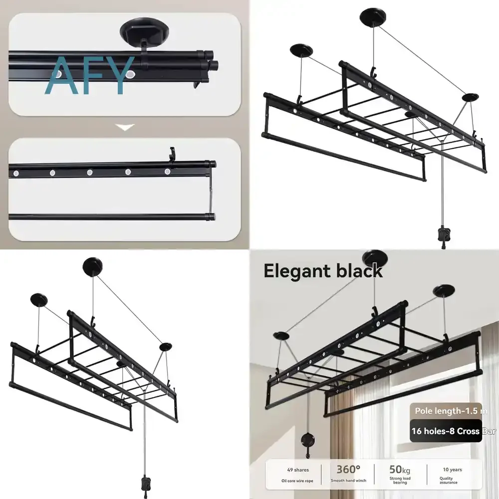 Heavy-Duty Manual Clothes Rack for Large Family Use 4-Rod 2.4m with 15 Towel Bars Black Ceiling Mount Laundry Drying Rack for