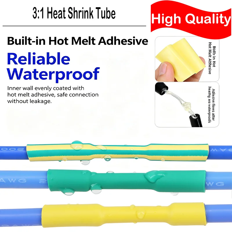 1 - 10M 3:1 with Glue Heat Shrink Tube Yellow Green 1.6 ~ 39mm Polyolefin Dual Wall Shrinkable Insulated Waterproof Cable Sleeve