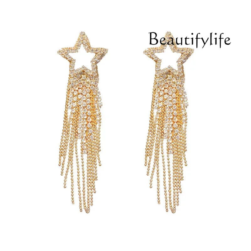 Light luxury European and American fashion long tassel temperament diamond-encrusted ear clips without ear piercings designer