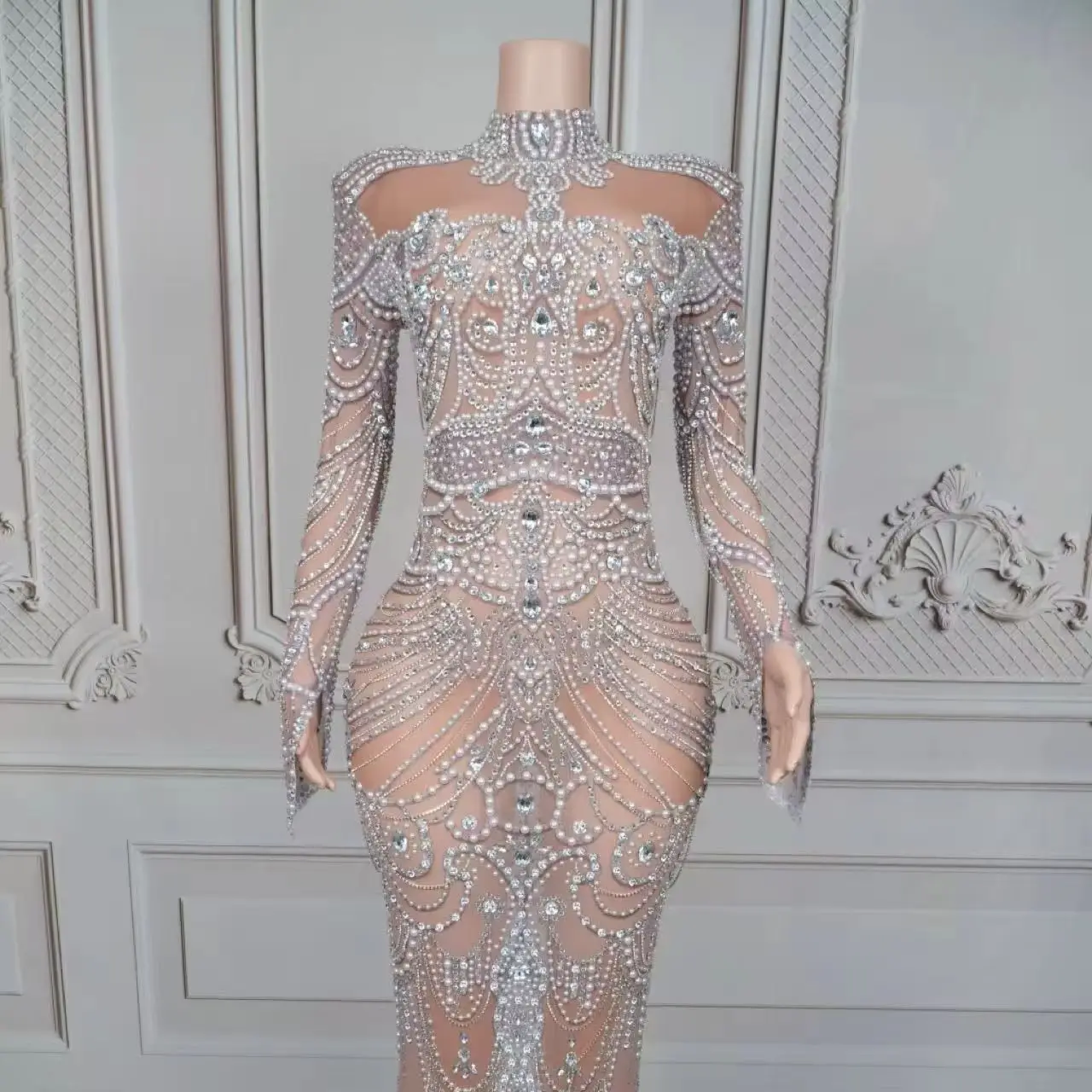 

Nianlun Party Sparkly Pearls Luxury Tight Fitting Long Dress Elegant Ladies Graduation Dress High-end See Through Mesh Sexy Gown