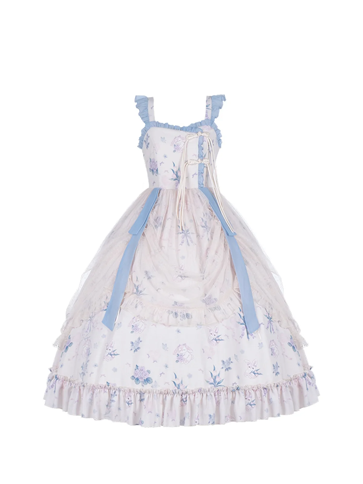 Robe de cosplay de style idyllique chinois Lolita pour filles douces, dentelle Loli mignonne, impression à volants, tulipes de lapin douces, ruban en maille, Jsk