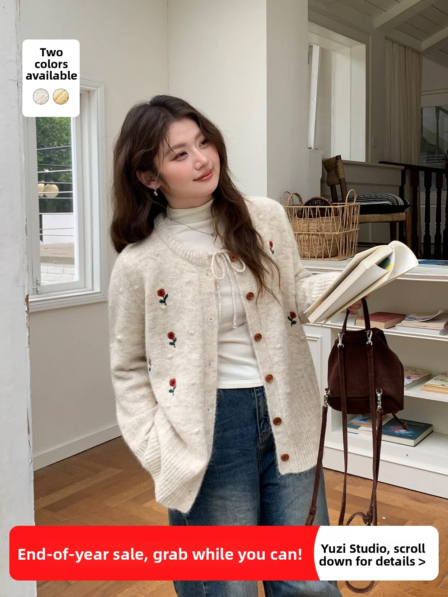 

YUZI Fi Roe Мягкий вязаный открытый кардиган большого размера, женский осенне-зимний свитер с поясом и цветочной вышивкой, нежный топ