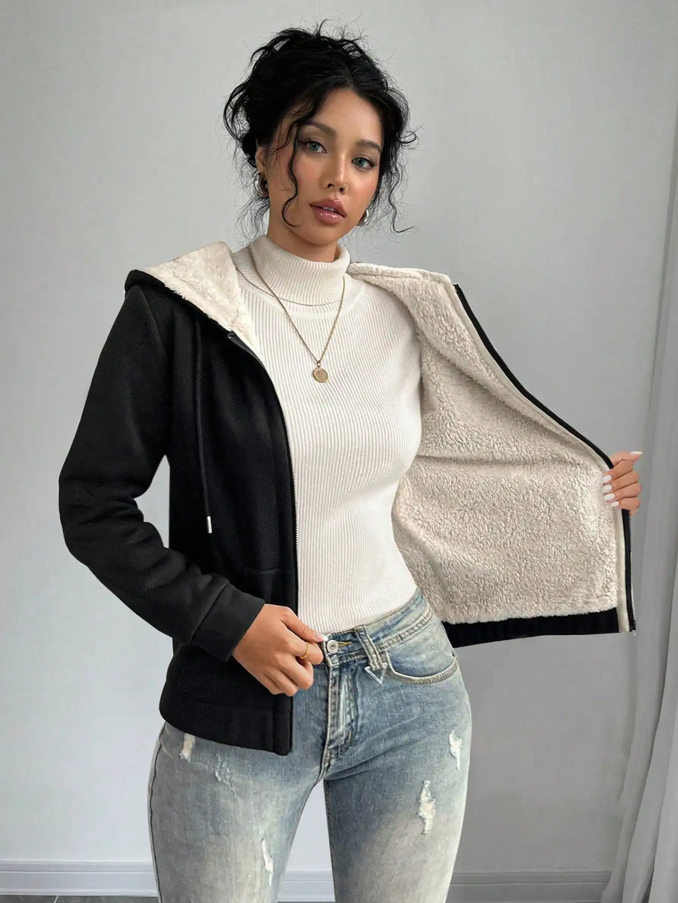 

Women's Black Fleece Lined Hooded Jacket with Zipper, Casual Thick Warm Outerwear for Fall Winter