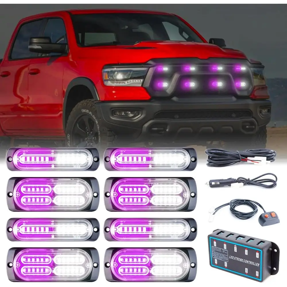 

8pcs Sync eature Ency Strobe Grille Lights LED Ultra Slim Surace Mount lashing Hazard Warning Light Bar with Controller or ireig