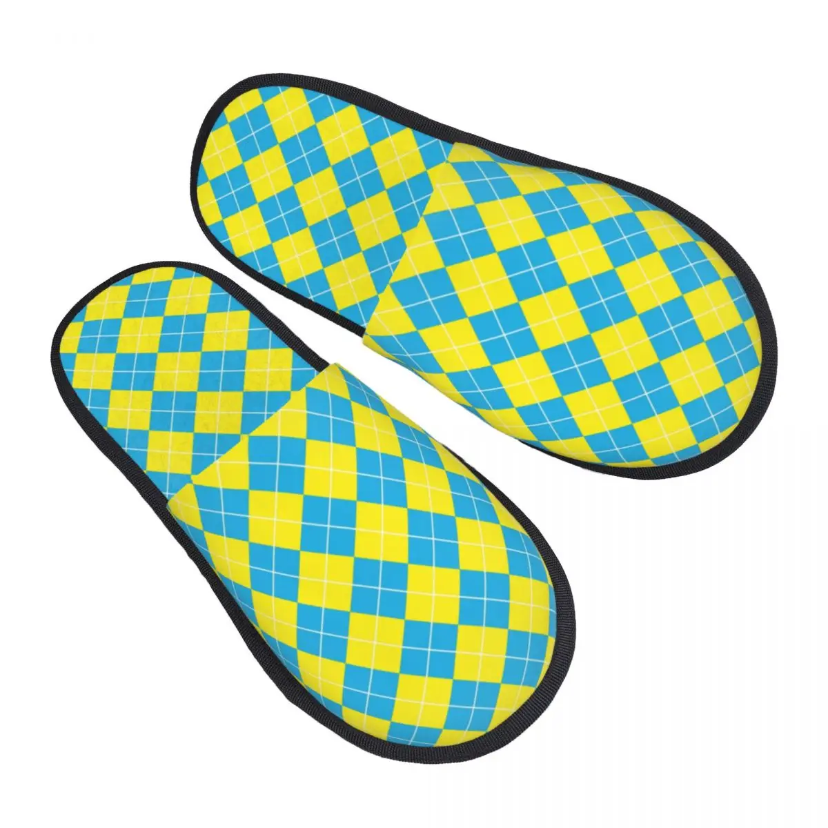 Custom Yellow Blue Argyle Pattern Checker Retro Memory Foam Slippers Women Soft Warm House Slippers