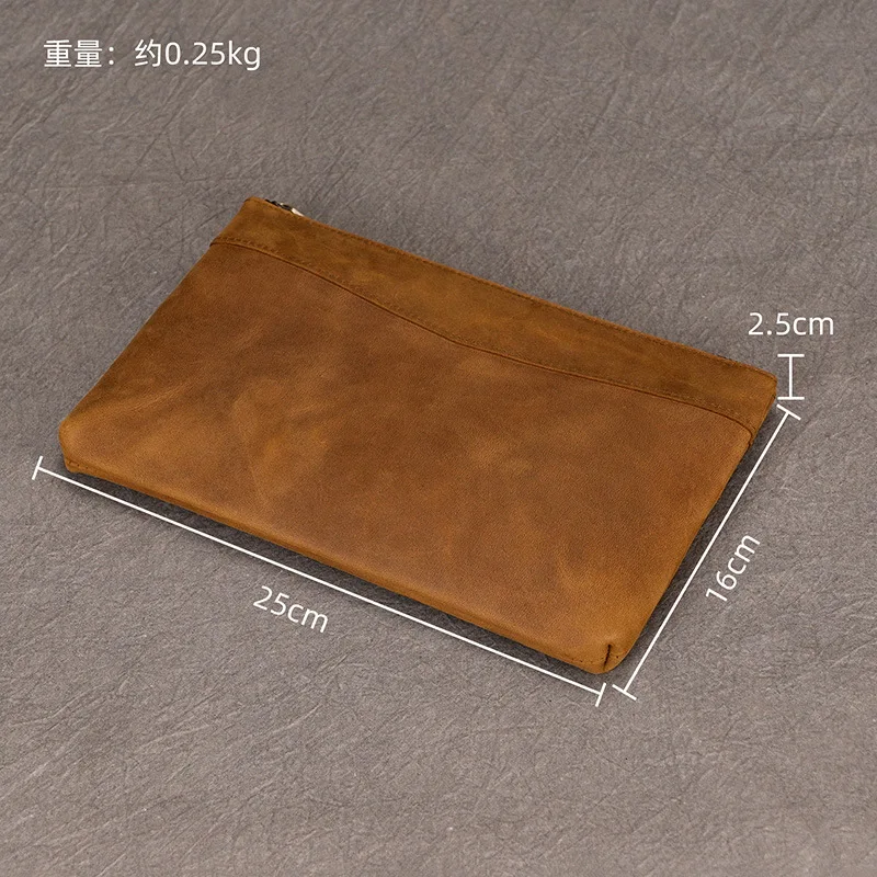 Men's crazy horse leather light square clutch bag, large capacity long wallet, retro business flat storage wrist strap