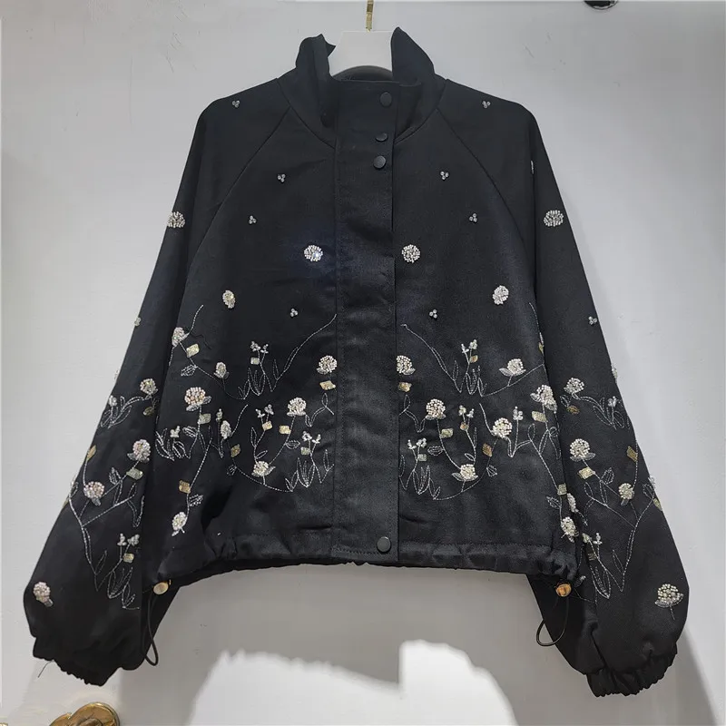 

SuperAen Spring 2026 New Casual Floral Embroidery Loose-Fitting Zipper Black Short Coat Women Europe and America Style Coatss