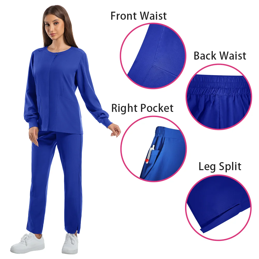 Nurse Uniforms Round Neck Top Scrub Jacket Straight Pants Sets Surgical Workwear Hospital Long Sleeve Snap Front Medical Outfit