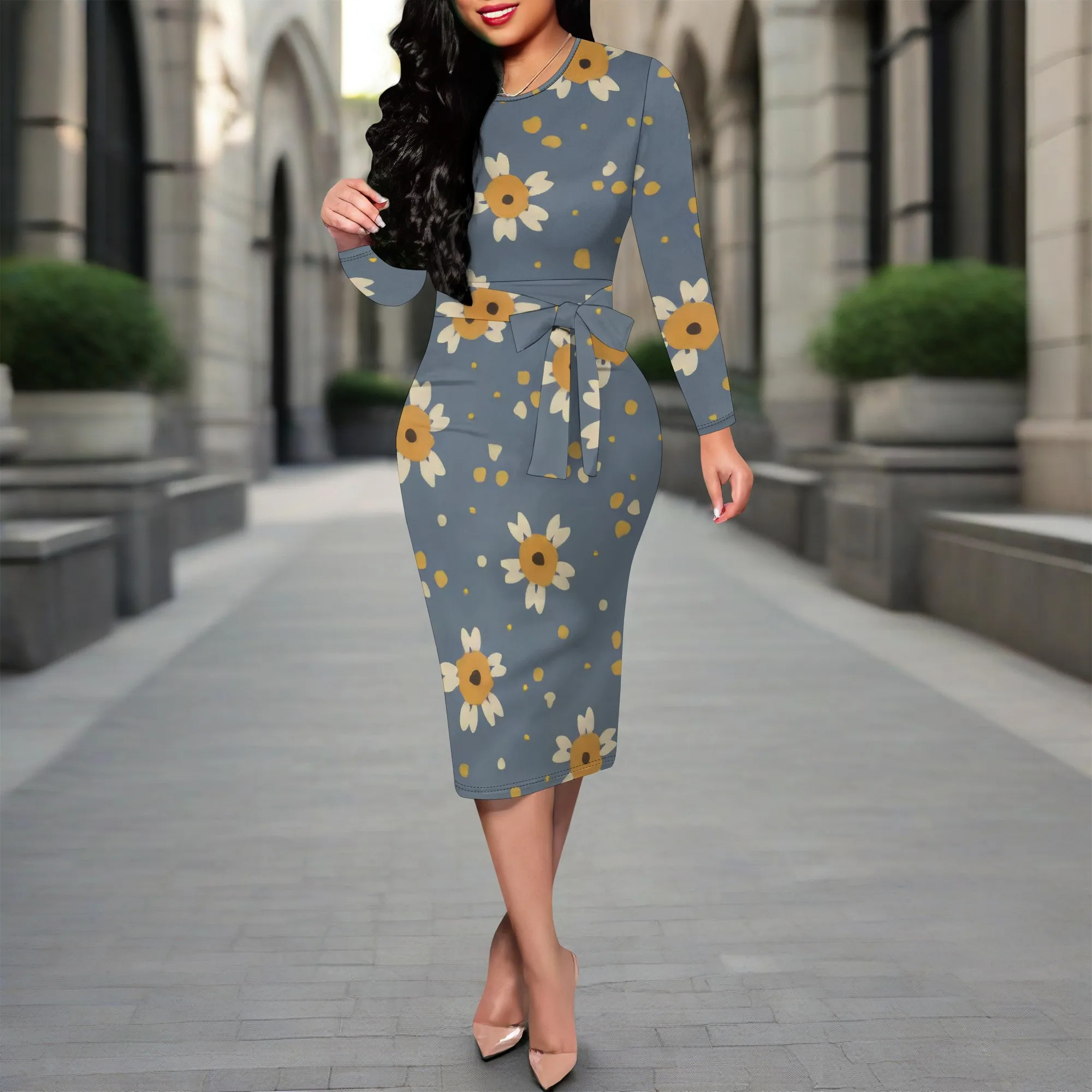 Abito aderente midi da donna da lavoro casual con stampe floreali carine Abiti a matita