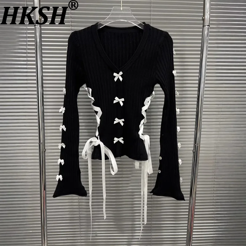 

HKSH осень-зима новый женский свитер с v-образным вырезом и длинными рукавами цветных блоков на шнуровке с бантом корейский облегающий элегантный вязаный топ HK18022