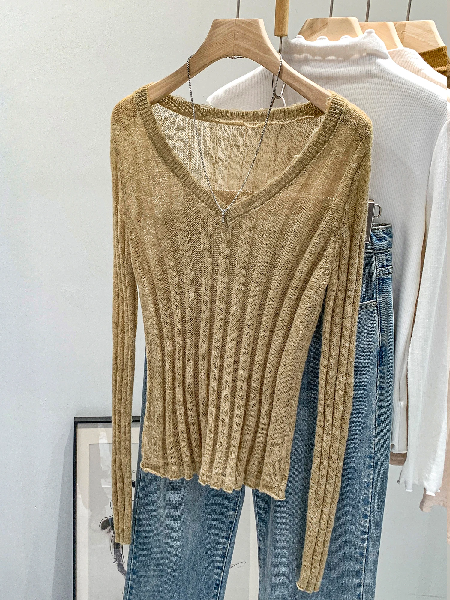 

Elegant V-neck Knitted Camisole Women's Base Shirt Soft Mesh Inner Wear Ultra Thin Cover up Top Commute Style Korean Version