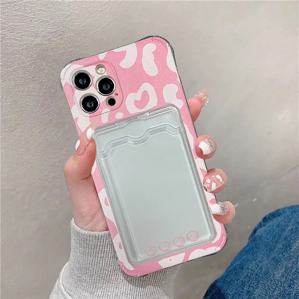 Pink Leopard Card Holder Case For iPhone 11 Case Funda iPhone 13 12 14 15 16 Pro Max XR 7 8 SE 2020 2022 Shockproof Bumper Cover