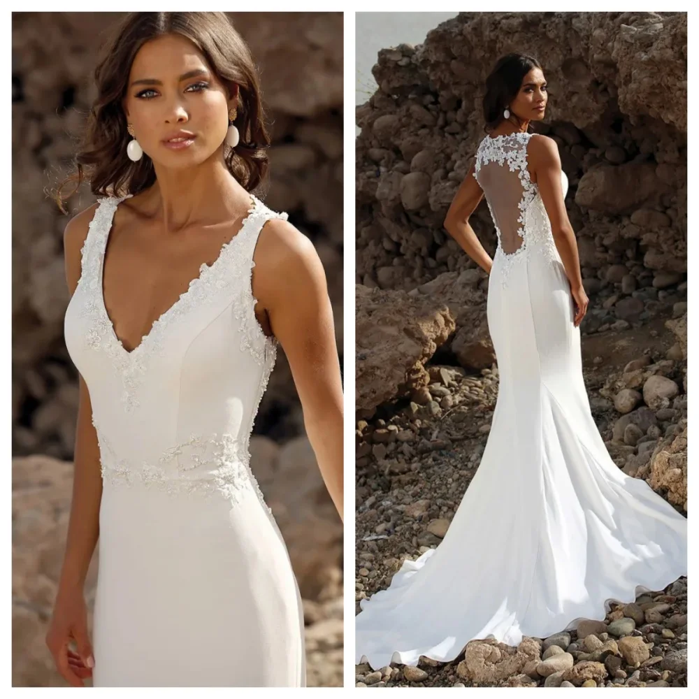 Robe de mariée sirène en satin blanc avec appliques, robe de patients, robe de soirée de mariage, col en V, longueur au sol, plage, nouveau, 2024