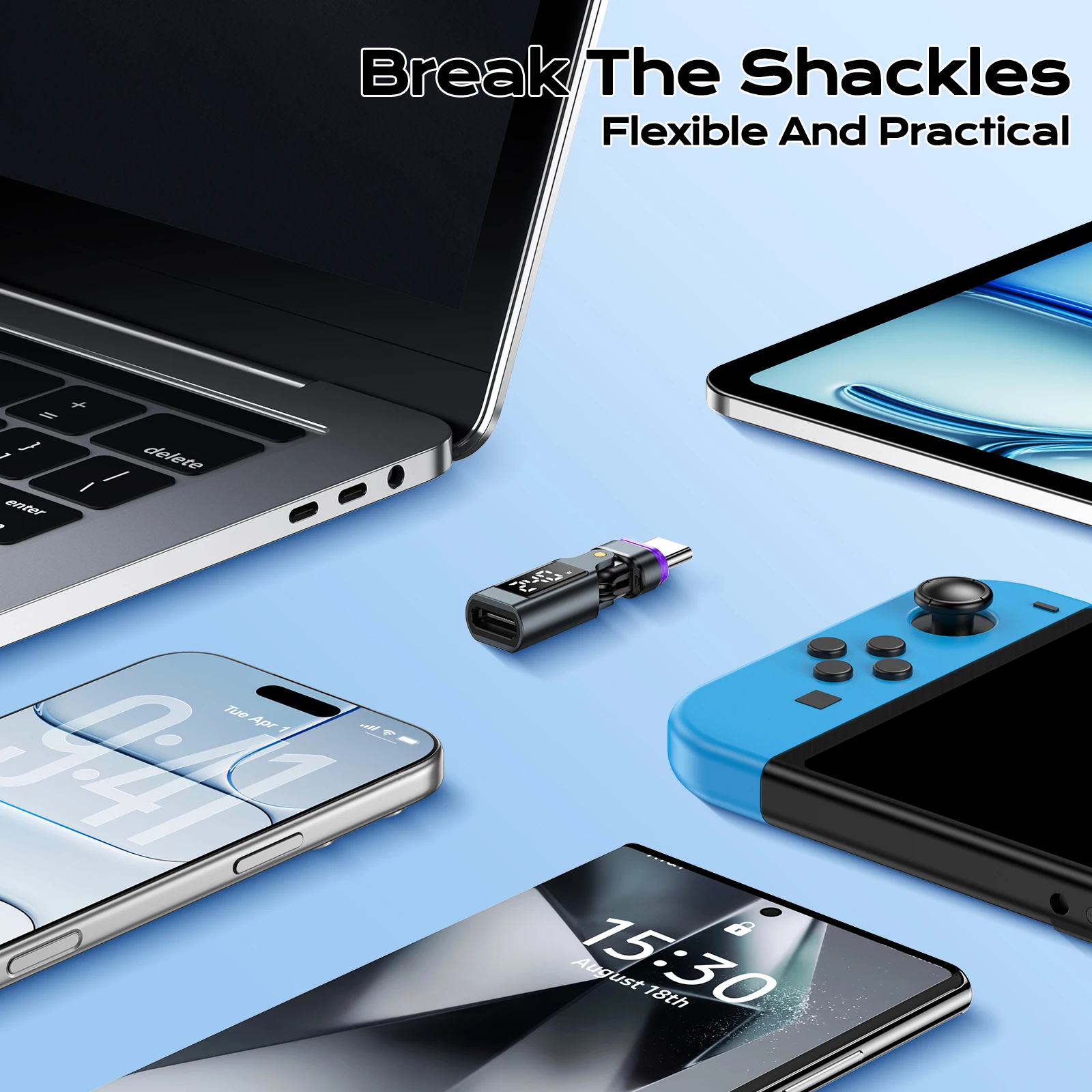 Adapter USB-C na USB-C z cyfrowym wyświetlaczem AUFU 16PIN, magnetyczny, z obsługą PD 240W, szybkie ładowanie, konwerter OTG USB-C żeński do iPhone'a i Samsunga — zdjęcie produktu 6