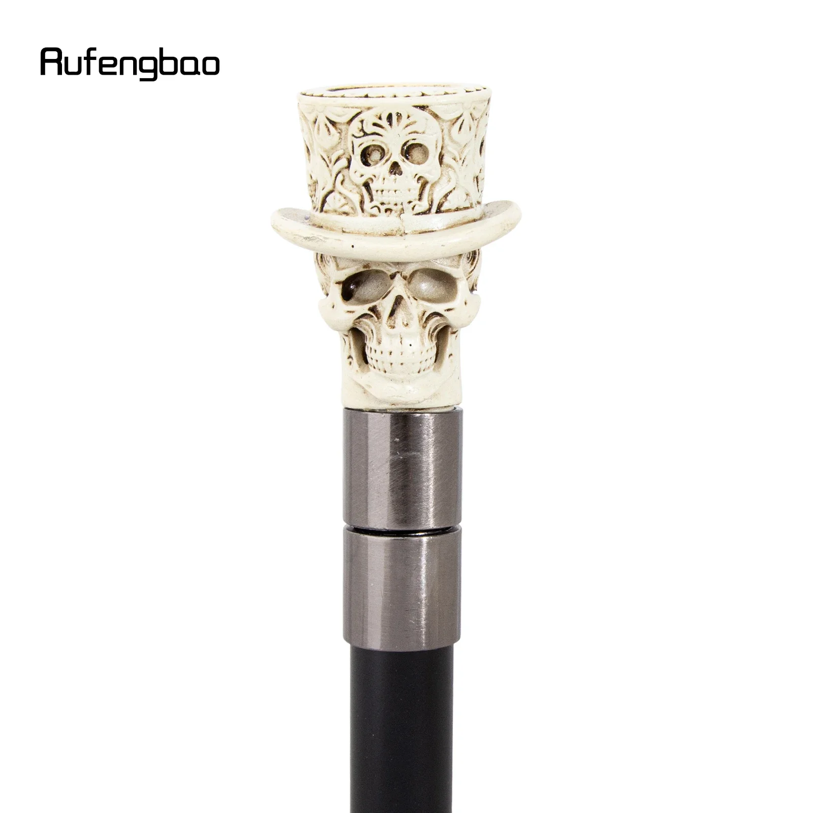 White Hat Skull Head Long Handle Walking Cane Fashion Cane Decorative Cane Halloween for Cosplay Parties Walking Stick 93cm
