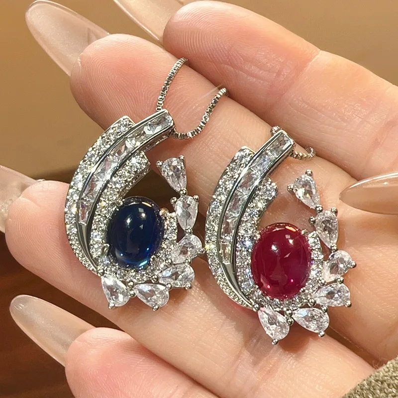 

New Necklace Pendant Jewelry Red Corundum Blue Spinel European and American Style High-end Luxury Fashion Women's Necklace