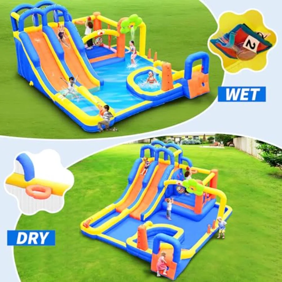 Inflatable Water Slide Park for Outdoor Use, PVC Material, Blue and Yellow, Includes Blower, Triple Slides, Dartboard, Ring Tos