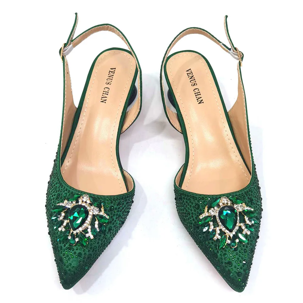 Green Color 2024 High Heels Sandals Fashion Rhinestone Sexy Nigerian Women Shoe and Bag Set for Party Wedding Pumps