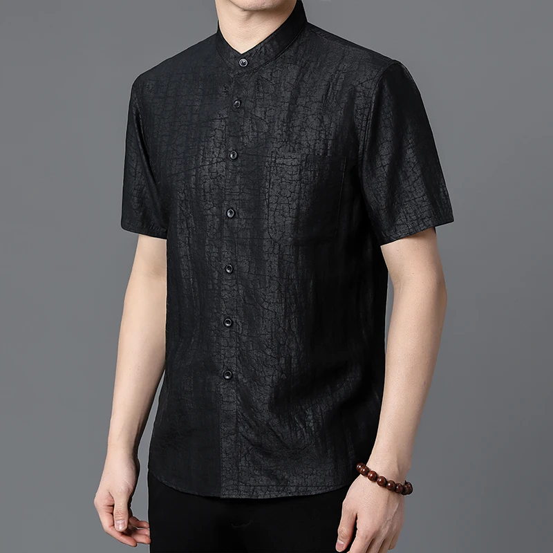 Real Silk 100% Icy Black Shirts For Men Short Sleeve Regular Fit Summer Quality Soft Comfortable Premium Gentleman Chemise Homme