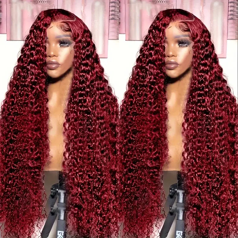 

99J Burgundy Deep Wave 13x4 Lace Front Human Hair Wig 13x6 Lace Frontal Red Curly Wigs 200 Density 30 Inch Remy Wigs For Women